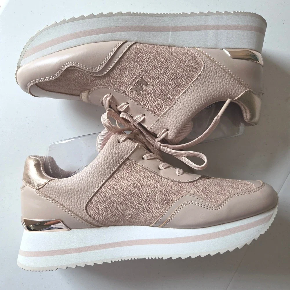 Michael Kors Maddy Pink Rose Gold Platform Sneakers Monogram LS23H Womens 9M